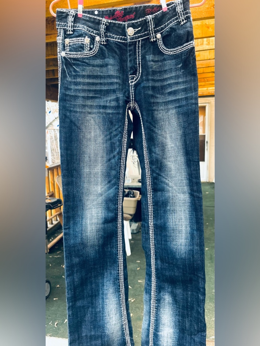 Rock & Roll Cowgirl Dark Blue Rhinestone-Trim Bootcut Jeans